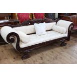 Regency style scrolled arm settee in light classical fabric, 87cm high by 221cm long by 60cm deep.