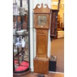 Oak longcase clock having square brass dial, signed Kenyon.