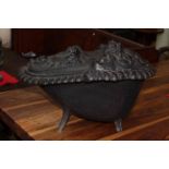 Decorative French cast iron coal box, 60cm by 40cm by 35cm.