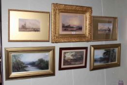 Collection of six framed and glazed paintings including three coastal watercolours (pair + 1),