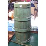 Green painted barrel stick stand, 66cm high by 28cm diameter.