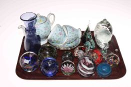 Foley china teapot, two cups and saucers, glass vase and collection of glass paperweights.