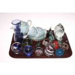 Foley china teapot, two cups and saucers, glass vase and collection of glass paperweights.