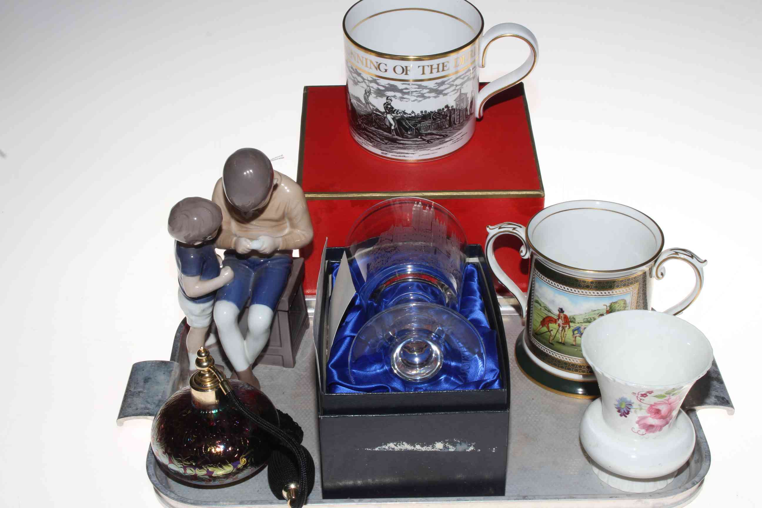 Copenhagen B & G boy group, Spode Golfing and The Derby tankard, Robert Runcie glass goblet,