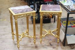 Pair gilt and marble inset top lamp tables, 73cm high by 41cm by 41cm.