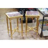 Pair gilt and marble inset top lamp tables, 73cm high by 41cm by 41cm.