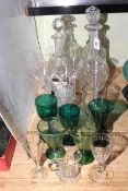 Set of six air twist stem wine glasses, four 19th Century glass decanters,