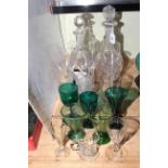 Set of six air twist stem wine glasses, four 19th Century glass decanters,