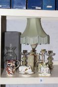 Two Coalport cottages, Waterford glass vase, onyx table lamp and candle holders, etc.