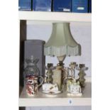 Two Coalport cottages, Waterford glass vase, onyx table lamp and candle holders, etc.