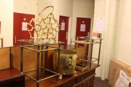 Pair brass and glass lamp tables, brass stick stand,