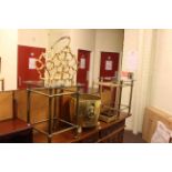 Pair brass and glass lamp tables, brass stick stand,