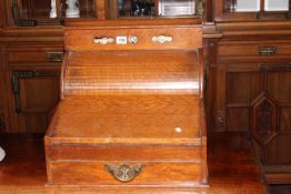 Oak tambour front table desk calendar fitted with stationery compartment and drawer,