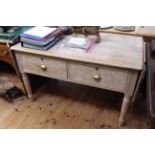 Early 20th Century limed oak two drawer haberdashery table having drop sides and turned legs,