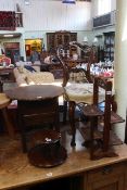 Victorian cabriole leg parlour chair, oak sewing table and two cake stands, one stamped G.A.