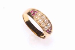 Edwardian 18 carat gold, seed pearl and ruby ring, hallmarked Birmingham 1902, size M.