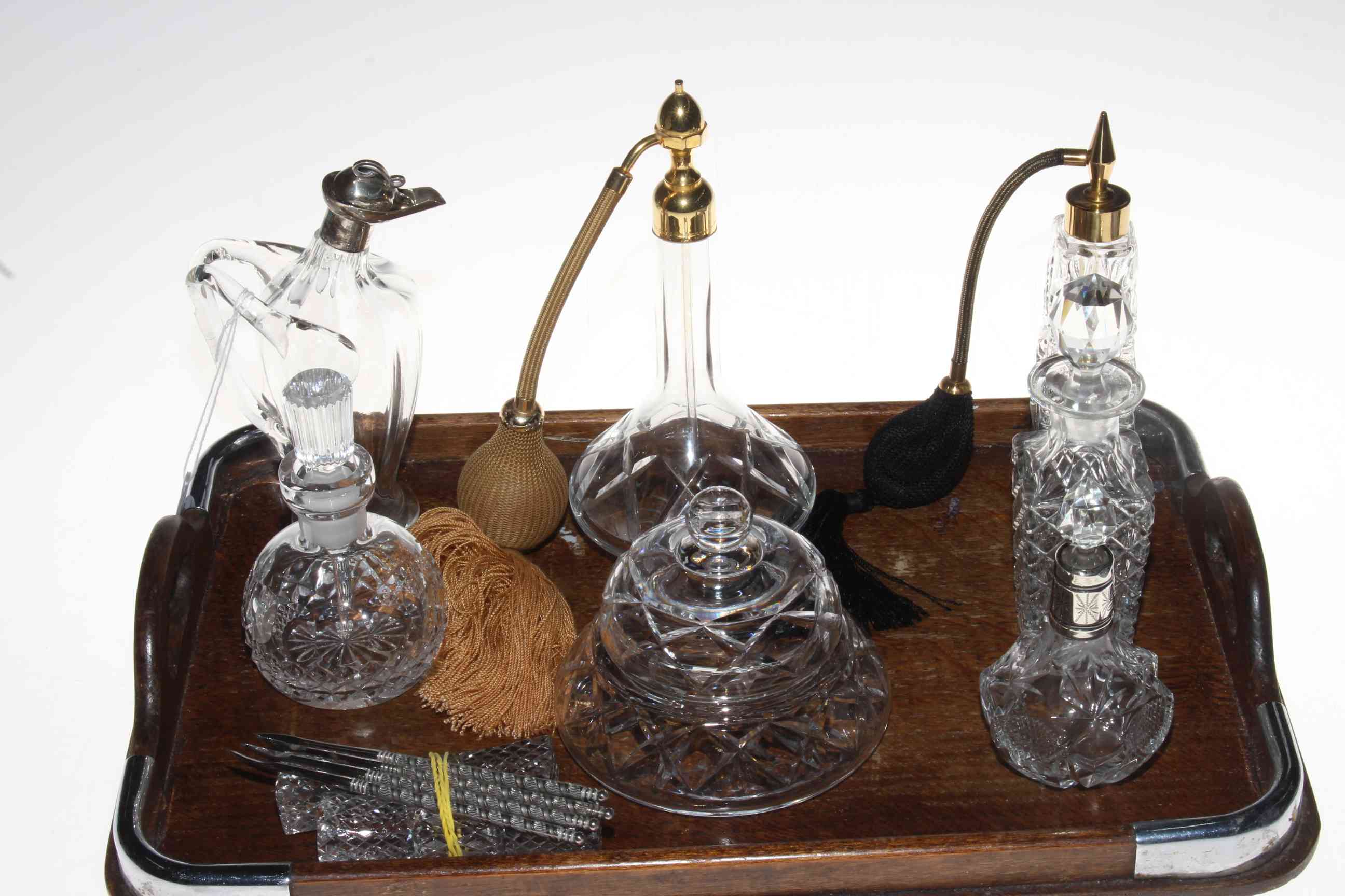 Glass scent bottle, pair of carver rests, glass tidy, etc.