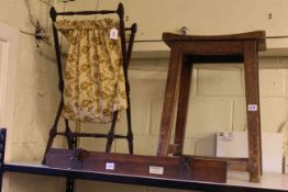 Vintage oak stool, turned wood folding sewing basket and Acme trouser presser and stretcher (3).