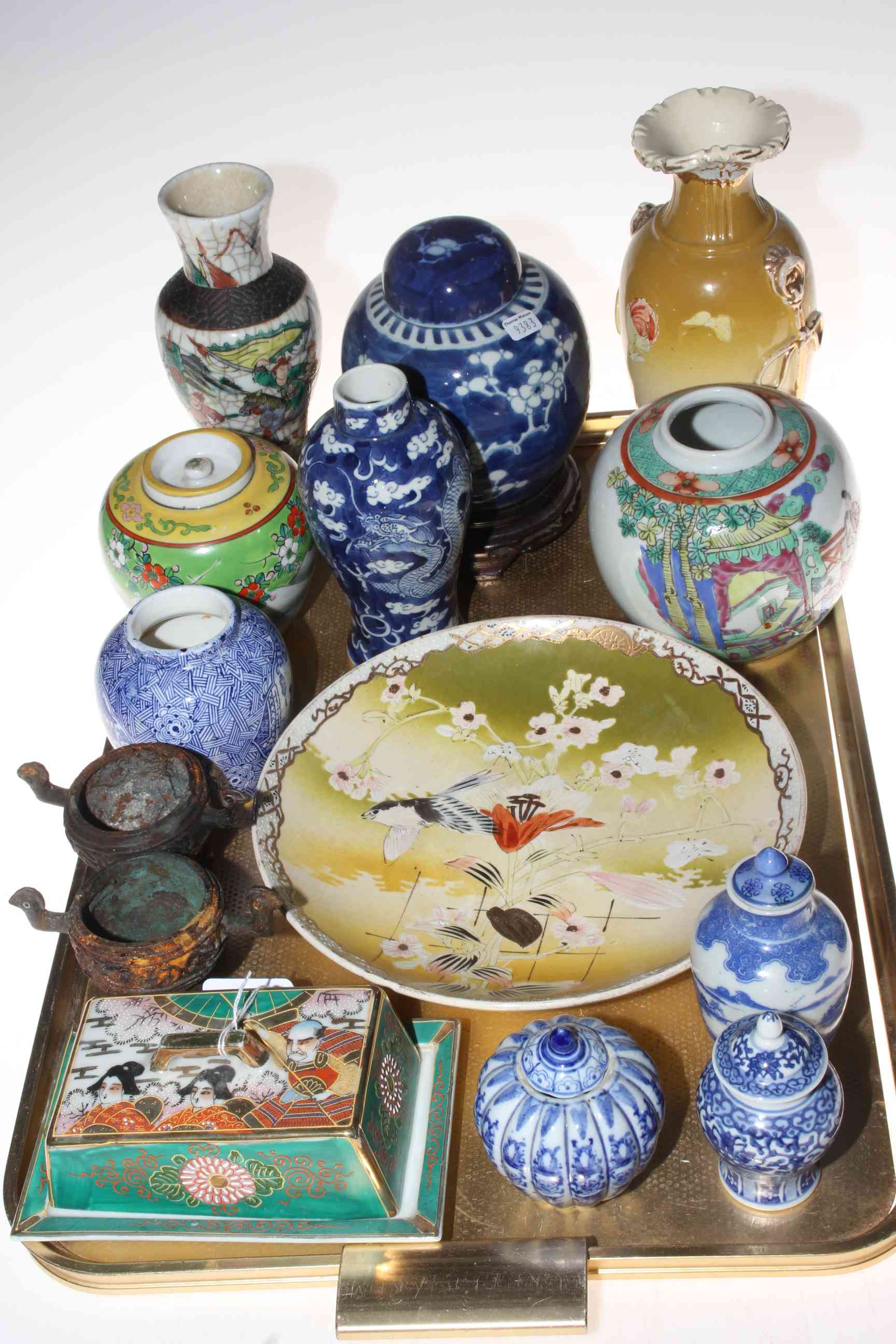 Tray of Oriental china including vases, prunus ginger jar on wood stand, plate, lidded pots, etc.