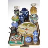 Tray of Oriental china including vases, prunus ginger jar on wood stand, plate, lidded pots, etc.