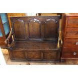 Oak triple arched fielded panel back box settle bearing label for Thomas Clarkson & Sons,