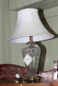 Waterford Crystal lamp with silk shade, 36cm high to top of glass.