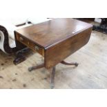 Regency inlaid mahogany Pembroke table having frieze drawer and raised on ring turned pedestal to