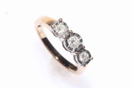 9 carat gold three stone diamond ring, size L.