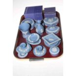 Collection of Wedgwood Blue Jasperware including lidded boxes, pin dishes, etc.