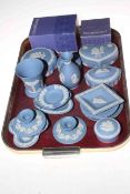 Collection of Wedgwood Blue Jasperware including lidded boxes, pin dishes, etc.