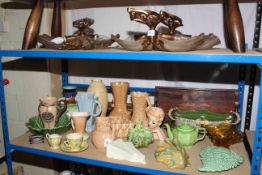 Three gilt metal and glass wall lights, rosewood tray, Sylvac and other jugs and vases,