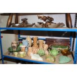 Three gilt metal and glass wall lights, rosewood tray, Sylvac and other jugs and vases,