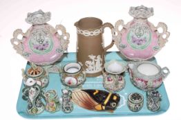 Relief moulded jug, bee wall pocket and collection of Moriage china.