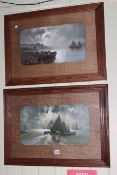 Pair Edwardian marine prints in oak glazed frames, 51cm by 69cm overall.