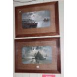 Pair Edwardian marine prints in oak glazed frames, 51cm by 69cm overall.