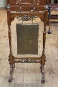 Shoolbred oak and brass mounted dinner gong and beater, circa 1890, 99cm high by 50cm wide.