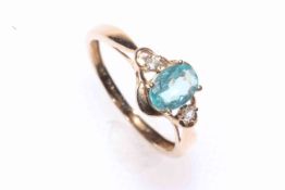 9 carat gold, blue stone (aqua) and diamond ring, size O/P.