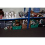 Five boxes of china, glass, kitchen scales, mantel clock, Philips midi system,