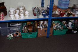 Five boxes of china, glass, kitchen scales, mantel clock, Philips midi system,