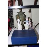 Boxed Royal Worcester coffee cans, three table lamps, Nao figure and Lladro doves (6).