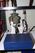 Boxed Royal Worcester coffee cans, three table lamps, Nao figure and Lladro doves (6).