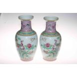 Pair large Chinese polychrome vases decorated with birds, foliage and calligraphy, mark to base, 34.