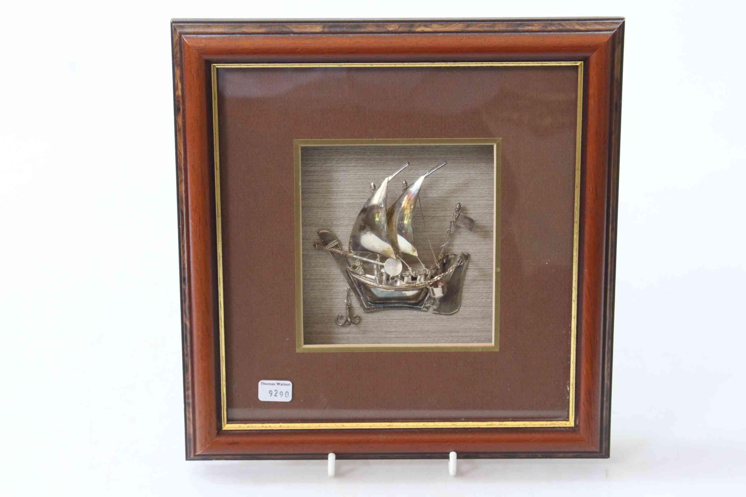 Framed silver model of a junk, together with six silver napkin rings and two salt spoons. - Image 2 of 2