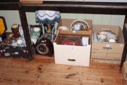 Four boxes of assorted china, glass, oak mantel clock, figure table lamp, cutlery, etc.