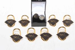 Eight Japanese fan shaped menu holders, and pair of cufflinks.