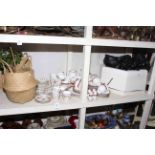 Royal Grafton Majestic and Malvern teaware, two ladies wedding hats, two wicker baskets with plants,