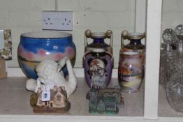 Pottery jardiniere, pair and two other Noritake vases, two swan vases and four ornaments.