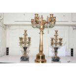 Large gilt metal five branch table candelabra and pair of marble and gilt metal candelabra.