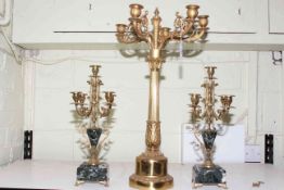 Large gilt metal five branch table candelabra and pair of marble and gilt metal candelabra.