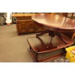 Four door sideboard, pair Edwardian inlaid bedroom chairs and two low tables (5).